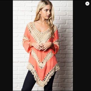 Umgee Crochet Linen Bohemian Coral Hollow-Out Asymmetrical-Hem Long, NWT, Small
